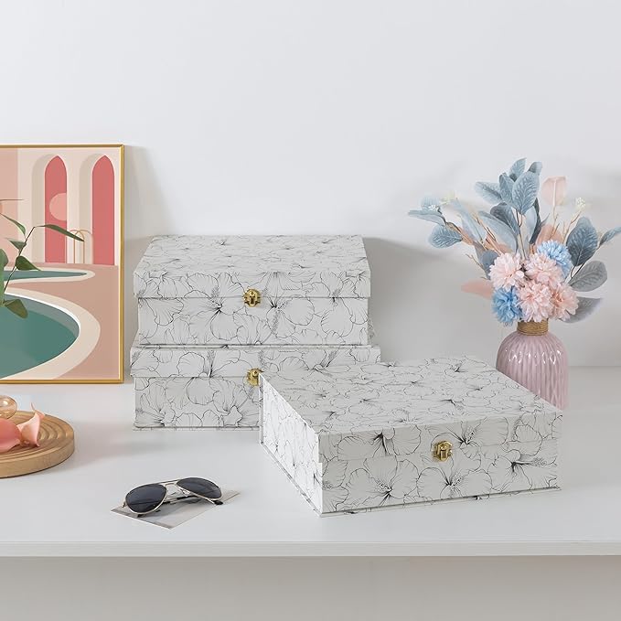 Soul & Lane Black and White Floral Cardboard Decorative Storage Boxes with Gold Hardware - Set of 3, Hibiscus Harmony - Stacking Boxes with Lids for Home Decor and Organizing, Elegant Design