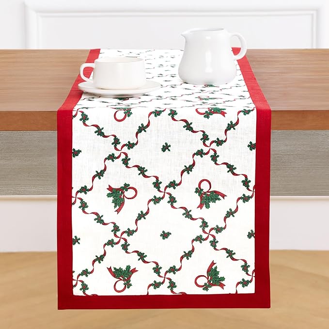 Solino Home 100% Pure Linen Christmas Table Runner 108 Inches Long - Red and Green Table Runner 14 x 108 Inch - Handcrafted and Machine Washable - Holly Ribbon Print