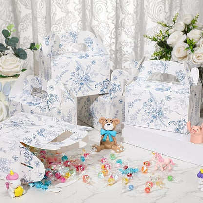 Dunzoom 24 Pack Blue Floral Paper Gift Boxes Party Favor Gift Gable Boxes with Chinoiserie Floral Printed Candy Treat Box for Wedding Birthday Tea Bridal Shower Party