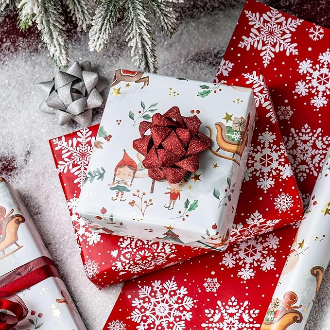 MAYPLUSS Christmas Wrapping Paper Roll - 17IN X 33FT - Santa Claus Gift Wrapping Paper Featuring Sleigh Christmas Tree Gnome Reindeer Holly Gingerbread Reversible Snowflake for Kids, Holiday, New Year
