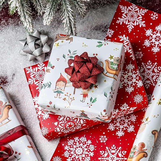 MAYPLUSS Christmas Wrapping Paper Roll - 17IN X 33FT - Santa Claus Gift Wrapping Paper Featuring Sleigh Christmas Tree Gnome Reindeer Holly Gingerbread Reversible Snowflake for Kids, Holiday, New Year