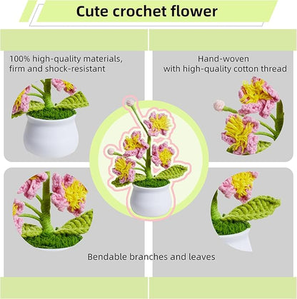 Handmade Pink Crochet Flowers Cute Potted Flower Plants, Gifts for Women, Birthday, Teacher, Anniversary, Valentines, Christmas, Decor for Dashboard,Home Room Office Decoration(Cherry Blossom)