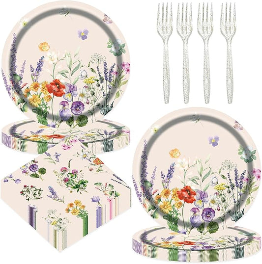 75pcs Floral Disposable Tableware Set, Spring Floral Paper Party Plates Napkins Forks Watercolor Flower Dinnerware Favors for Baby Shower Girls Women Birthday Tea Picnic Serve 25 Guests