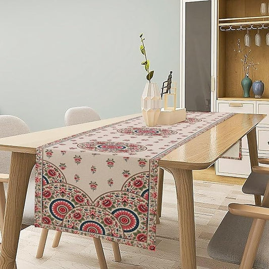 Bohemian Floral Table Runner, Vintage Ethnic Mandala Pink Flowers Boho Design Table Runner for Kitchen Dining Party Wedding, 13x60 Inch