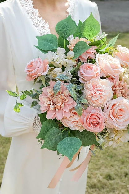 YYHUAWU Artificial Flowers Combo Box Set Gradient Color Flower Leaf with Stems for DIY Wedding Bouquets Centerpieces Baby Shower Party Home Decorations Peach