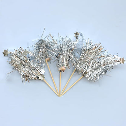 Gyufise 30Pcs Foil Firework Cupcake Toppers Sparkle Tinsel Star Cake Toppers Tinsel Drink Cake Decoration Cocktail Picks for Birthday Wedding Graduation Party Supplies Silver