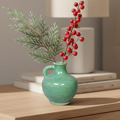 Sunddo Green Ceramic Vase for Centerpieces - 6 Inch Modern Decorative Vase with Handle, Small Pitcher Vases for Home Decor, Living Room Kitchen Bedroom Entryway Mantel Shelf Decor