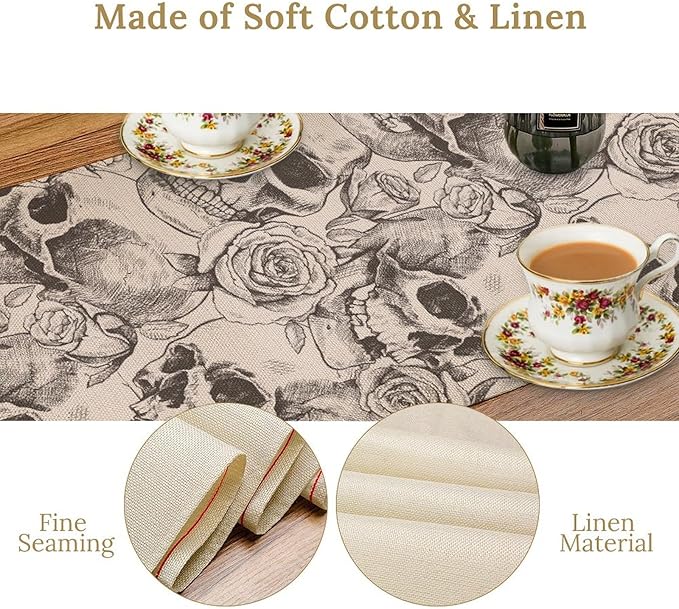 Gothic Table Runner,White Skull Floral Print Table Runner for Home Kitchen Table Dining Garden Farmhouse Wedding Party Decor 13x60 Inch