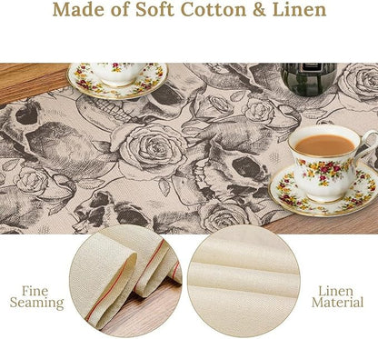 Gothic Table Runner,White Skull Floral Print Table Runner for Home Kitchen Table Dining Garden Farmhouse Wedding Party Decor 13x70 Inch