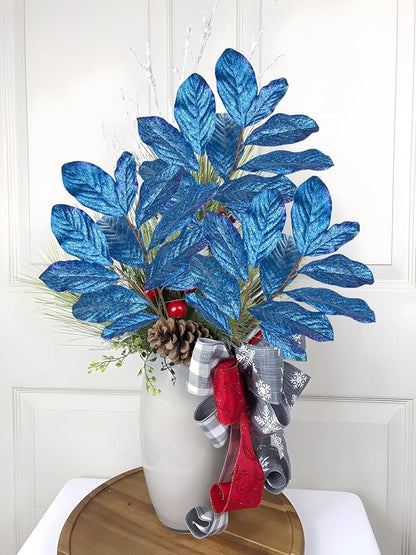 31" Royal Blue Christmas Glitter Leaves Tree Picks and Sprays, 3PCS Artificial Glitter Magnolia Stems for Christmas Tree DIY Garland Wreath Centerpiece Vase Wedding Winter Holiday