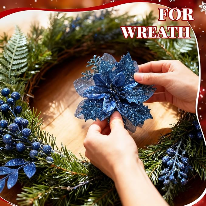 Yerliker 108 Pcs Blue Glitter Christmas Picks and Sprays, 12 Styles Artificial Christmas Floral Berry Branches Flowers Stems for Xmas Tree Ornaments Wreath Garland DIY Vase Holiday Party Decor