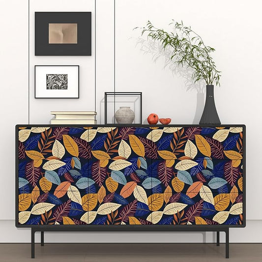 Colorful Leaf Wallpaper Peel and Stick,Vintage Botanical Contact Paper 17.5" x 118",boho leaves Wall Mural Self Adhesive Removable Waterproof for Bedroom Walls Bookcase Drawers Cabinet Table Locker