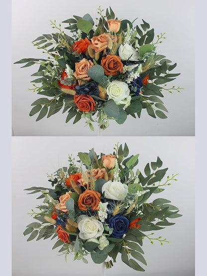 Rinlong Fall Wedding Bouquets for Bride Navy Blue Burnt Orange Bridal Bouquet for Wedding Terracotta Bouquets Boho Artificial Flowers