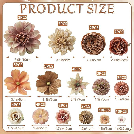 Fake Flower Heads Bulk - Coffee Silk Daisy & Rose Fall Artificial Flower for Crafts, DIY, Graduation Cap, Wedding, Party, Cake Topper, Home Garland Decor