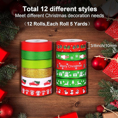 12 Rolls Christmas Wrapping Ribbons Grosgrain Satin Ribbons Red Green Gold Snowflake Merry Christmas Tree Snowman Santa Claus 10mm Wide for Holiday Festival Gift DIY Craft Decor, 60 Yard Total