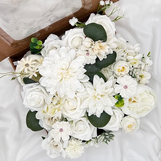 Multi Use Artificial Flowers Combo for DIY Centerpieces Arrangements Wedding Bridal Bouquet Table Chair Decor Candle Holder Baby Shower Cake Decor Flower Strips Home Décor (White Series)