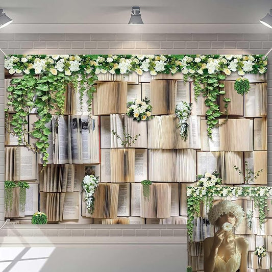 6x4ft Book Photo Backdrops Books Pages Green Leaves White Flowers Background Wedding Birthday Party Princess Photo Studio Props KUHBDJ165