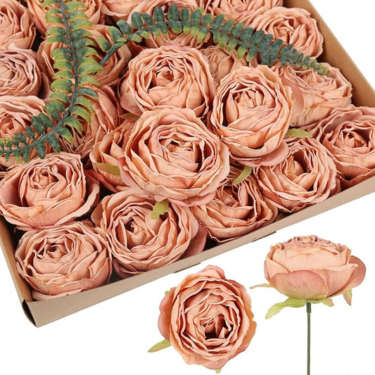 IPOPU Fake Flowers for Decoration 25pcs Silk Roses Artificial Flower Heads for Vintage Flower Decorations Fake Flower Heads for Crafts Dining Table Decor Floral Centerpieces (Coffee)