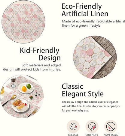Placemats,Pink Grey White Hexagonal Marble Placemats 12x18 Inch Waterproof Non-Slip Washable Table Mats for Kitchen Dining Party Table Decor,Set of 6