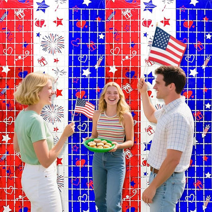 4th of July Decorations, 2 Packs 3.3x6.6ft 4th of July Photo Backdrop Streamer，Red White and Blue Tinsel Foil Fringe Curtains for Independence Day, America Patriotic, Memorial Day, Labor Day