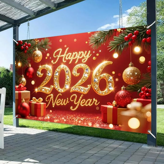 2026 Happy New Year Banner 71x43 Inch Red Gold Christmas Ball Holiday Party Wall Decoration Glitter Photo Backdrop for Indoor Countdown Celebration Home Event and Festive Background Display