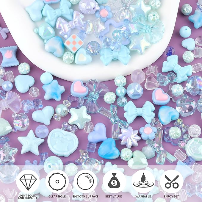 Assorted 200-260PCS Blue Acrylic Beads for Bracelet Making, Flower Bow Candy GummyBear Bracelet Charms,Cute Beads for Jewelry Making DIY Necklace Keychain Phone Charm Christmas Gift