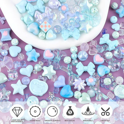 Assorted 200-260PCS Blue Acrylic Beads for Bracelet Making, Flower Bow Candy GummyBear Bracelet Charms,Cute Beads for Jewelry Making DIY Necklace Keychain Phone Charm Christmas Gift