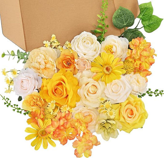 Artificial Flowers, Spring Summer Flower with Wire Stem, Fake Flowers for DIY Yellow Flower Box Wedding Bouquet Table Centerpieces Baby Shower Home Décor