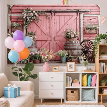 8x6ft Country Wedding Pink Photography Backdrop Rustic Wooden Barn Door Photography Backdrop Farmhouse Flower Western Girl Birthday Baby Shower Wedding Bridal Party Banner Photo Booth Props Background