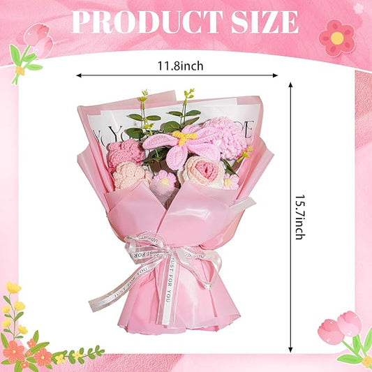 Crochet Flowers Bouquet 8PCS, Handmade Knitted Artificial Crochet Flower Gifts - Tulips Roses Daisies Carnations, Preserved Flowers for Mother's Day Valentine's Day Birthday Home Decor- Pink (Pink)