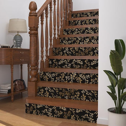 Extra Long Dark Floral Peel and Stick Wallpaper 17.5In x 32.8Ft, Vintage Self-Adhesive Contact Paper for Bedroom Stair Shelves Drawer – Boho Removable Vinyl Leaf Wall Paper in Black and Gold