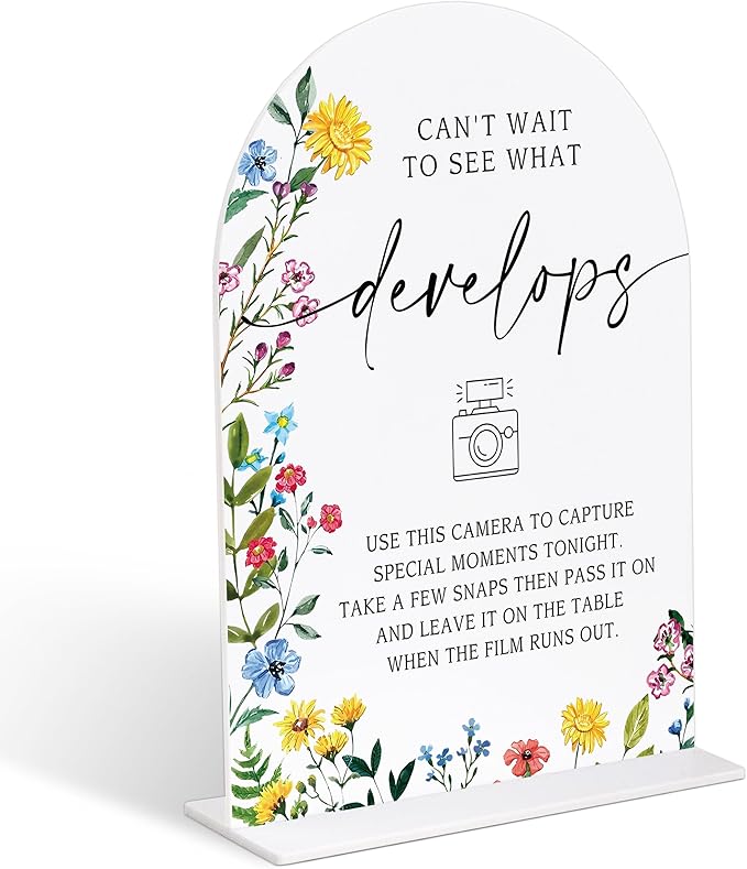 Acrylic Wedding Signs Can't Wait To See What Develops, Photo Guest Book Sign, 6x8" Floral Themed Arch Acrylic Table Decor, Love Is In Bloom Decorations for Bridal Shower Engagement Party