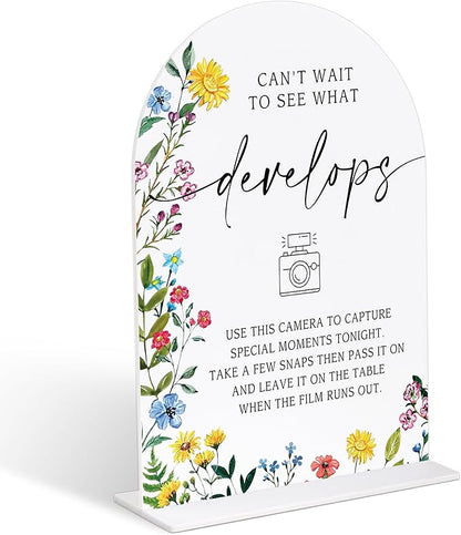 Acrylic Wedding Signs Can't Wait To See What Develops, Photo Guest Book Sign, 6x8" Floral Themed Arch Acrylic Table Decor, Love Is In Bloom Decorations for Bridal Shower Engagement Party