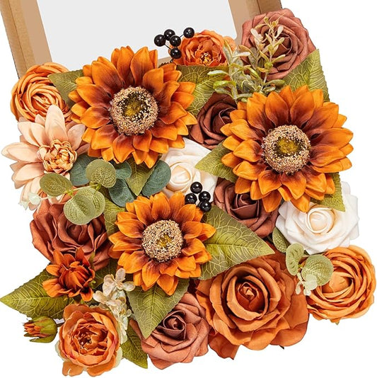 Serwalin Sunflower Artificial Flowers Burnt Orange Fall Flowers Fake Cake Flowers for DIY Wedding Bridal Bouquet Centerpieces Floral Arrangement Fall Decor Baby Shower Home Decor