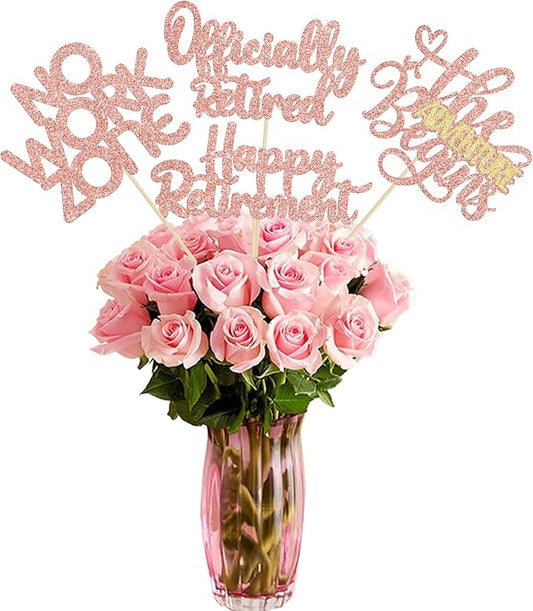 Ephlyn 16Pcs Happy Retirement Centerpiece Sticks Officially Retired Table Flower Centerpieces Sticks No Work Zone Floral Decorations for Farewell Birthday Party Centerpieces Supplies Rose Gold