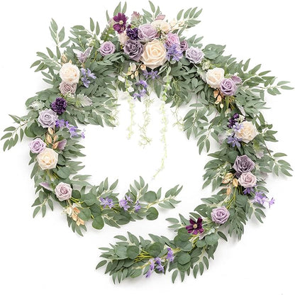Ling's moment 9FT Flower Garland for Backdrop Decorations - Wedding Arch Flowers, Eucalyptus & Rose, Artificial Floral Garland for Mantel - Sweetheart Table Decor for Ceremony Reception, Lilac & Gold