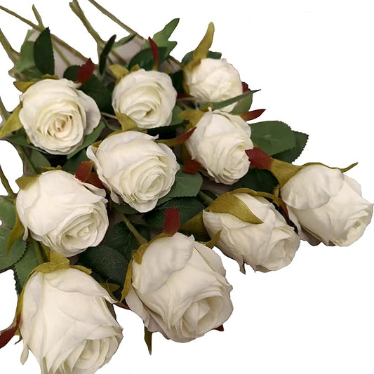 Artificial Roses 10 Pcs - Lifelike Single Stem Fake Roses with Natural Petal Texture,Fade-Resistant Silk Flowers for Wedding Decor,Home Vase Arrangements,Party Centerpieces(10, Creamy White)