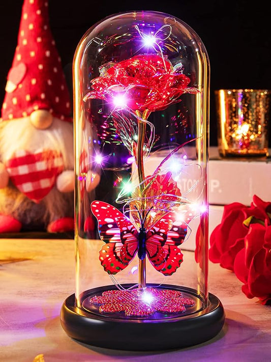 Pusuny Christmas Rose Gifts for Women Birthday Gift Galaxy Glass Rose Forever Eternal Crystal Flower Light Up Roses in Glass Dome with Butterfly Xmas Gifts for Women Mom Grandma Wife Her Sister Red