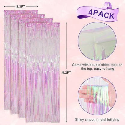 4 Pack Iridescent Transparent Foil Fringe Backdrop Curtains, Tinsel Streamers Birthday Party Decorations, Fringe Backdrop for Graduation, Baby Shower, Gender Reveal, Disco Party