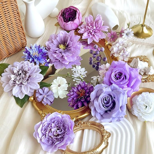 Dusty Purple Artificial Flowers Combo Box Set Silk Dahlia Roses with Stems Lilac Lavender DIY Bridal Wedding Bouquets Cake Top Fake Floral Arrangements Baby Shower Party Table Centerpieces Home Decor