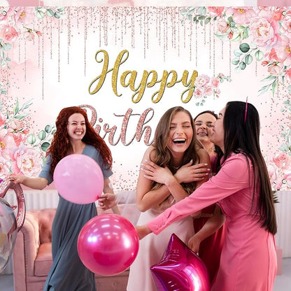 Avezano Happy Birthday Backdrop Banner for Girls Women Happy Birthday Banner Floral Glitters Happy Bday Background Party Supplies 70.8 x 43.3 Inch