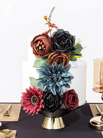 FANKO Artificial Flowers Black Rose: Mixed Fake Silk Flowers Combo Brown Rose Dusty Blue Dahlia Burgundy Sunflower Vintage for DIY Wedding Bridal Bouquets/Centerpieces/Home Decor