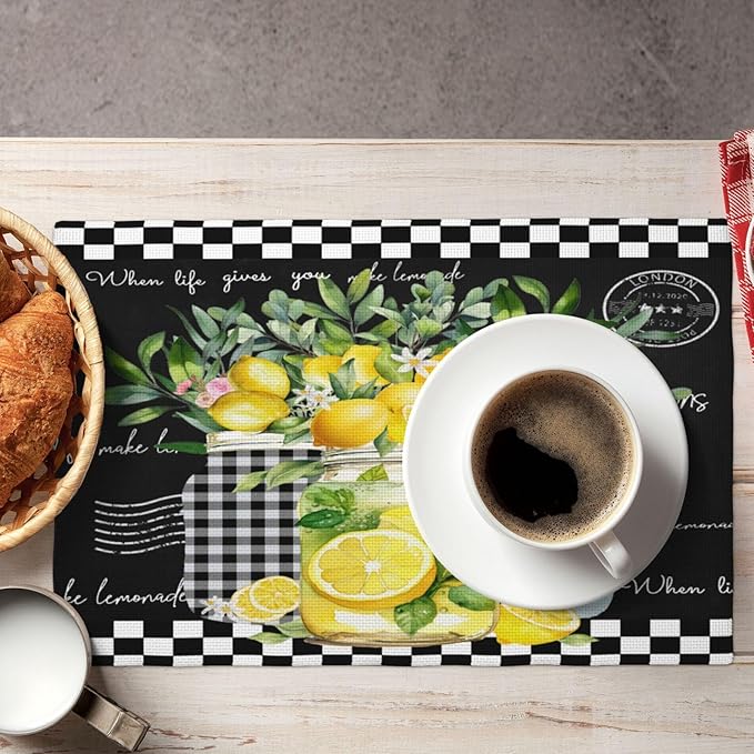 Lemon Fruit Placemats, Watercolour Lattice Black Minimalist Fruit Lemon Flower Plant Print Washable Fabric Placemats Table Kitchen Dining Party 12x18 Inch Set of 6