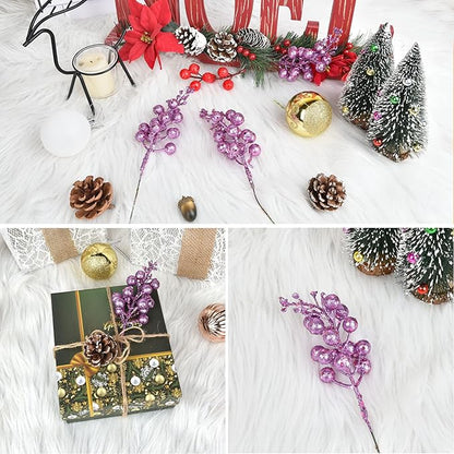 Lvydec 16pcs Christmas Glitter Berry Stems Clearance, 7.8" Artificial Christmas Picks for Christmas Tree Ornaments, DIY Xmas Wreath, Crafts, Holiday and Home Decor (Light Purple)