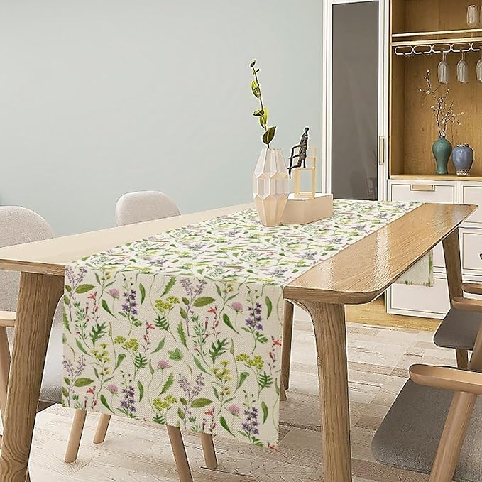 Wildflower Table Runner, Watercolor Green Botanical Flowers Vintage Bohemian Design Table Runner for Kitchen Dining Home Party Home Decor , 13x60 Inch