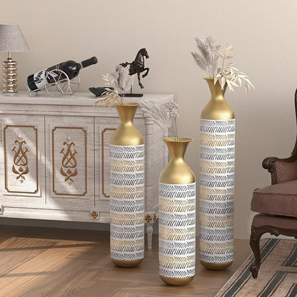Tall Floor Vase Set of 3 - Large Vintage Modern Oversized Metal Vases for Decor Living Room, Gold Decorative for Corner Hallway
