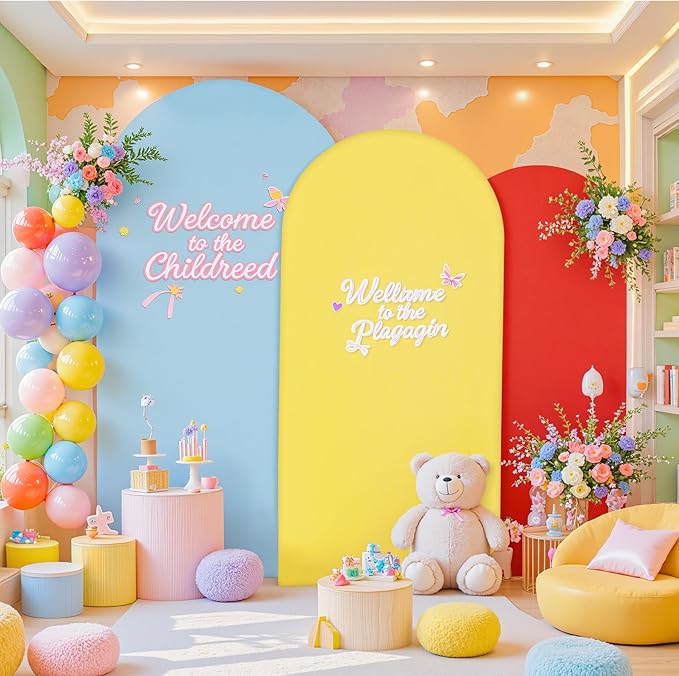 Rainbow Arch Backdrop Cover 7.2FT 6.6FT 6FT Stretchy Wedding Arch Covers Set of 3 Spandex Fitted Blue Yellow Red Fabric Backdrop Cover for Party Baby Shower Birthday Decoration