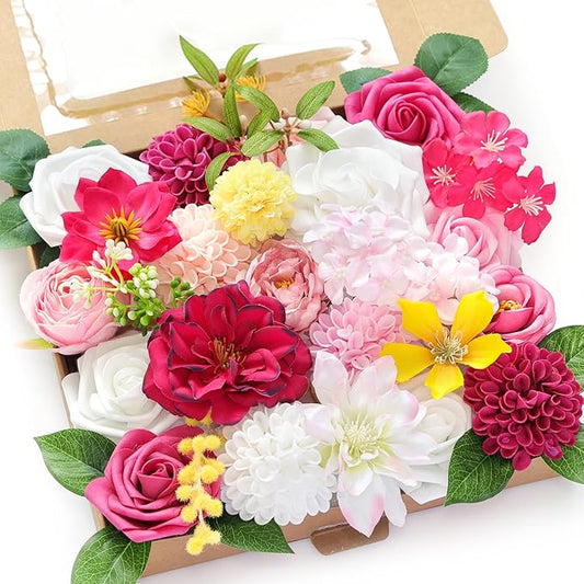 Artificial Flower Box Set Silk Fake Flowers DIY Center Cake Decoration Wedding Bouquet Corsage Home Decor Outdoor Decor Gift (Bright Pink)