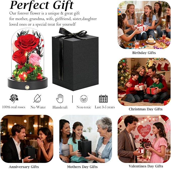 Birthday Gifts For Women Mom, Preserved Flowers in Glass Dome, Forever Flowers for Delivery Prime,Real Eternal Roses Mothers Day Valentines Day Christmas Anniversary for Grandma Wife Her Red