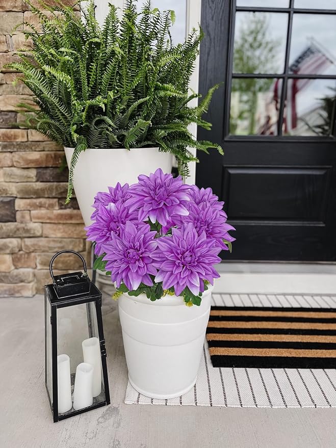 Hollyone 2Pcs Purple Artificial Dahlia Flowers Bush 7 Heads Silk 15.7" Fake Dahlias Flowers Wedding Bouquets Faux Dahlia Flower Floral Arrangements for Outdoor Indoor Table Centerpieces Home Decor